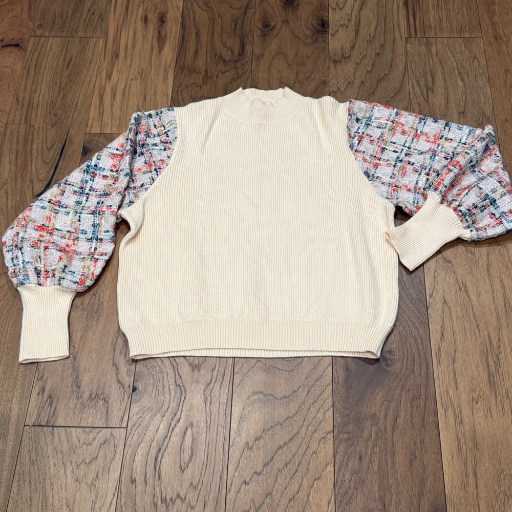 THML Womens Ribbed Knit Mock Neck Sweater Tweed Puff Sleeve Cream Multi Large